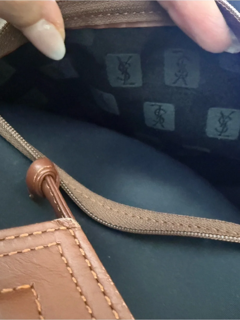 Yves Saint Laurent Navy Blue and Brown Leather-Trim Backpack